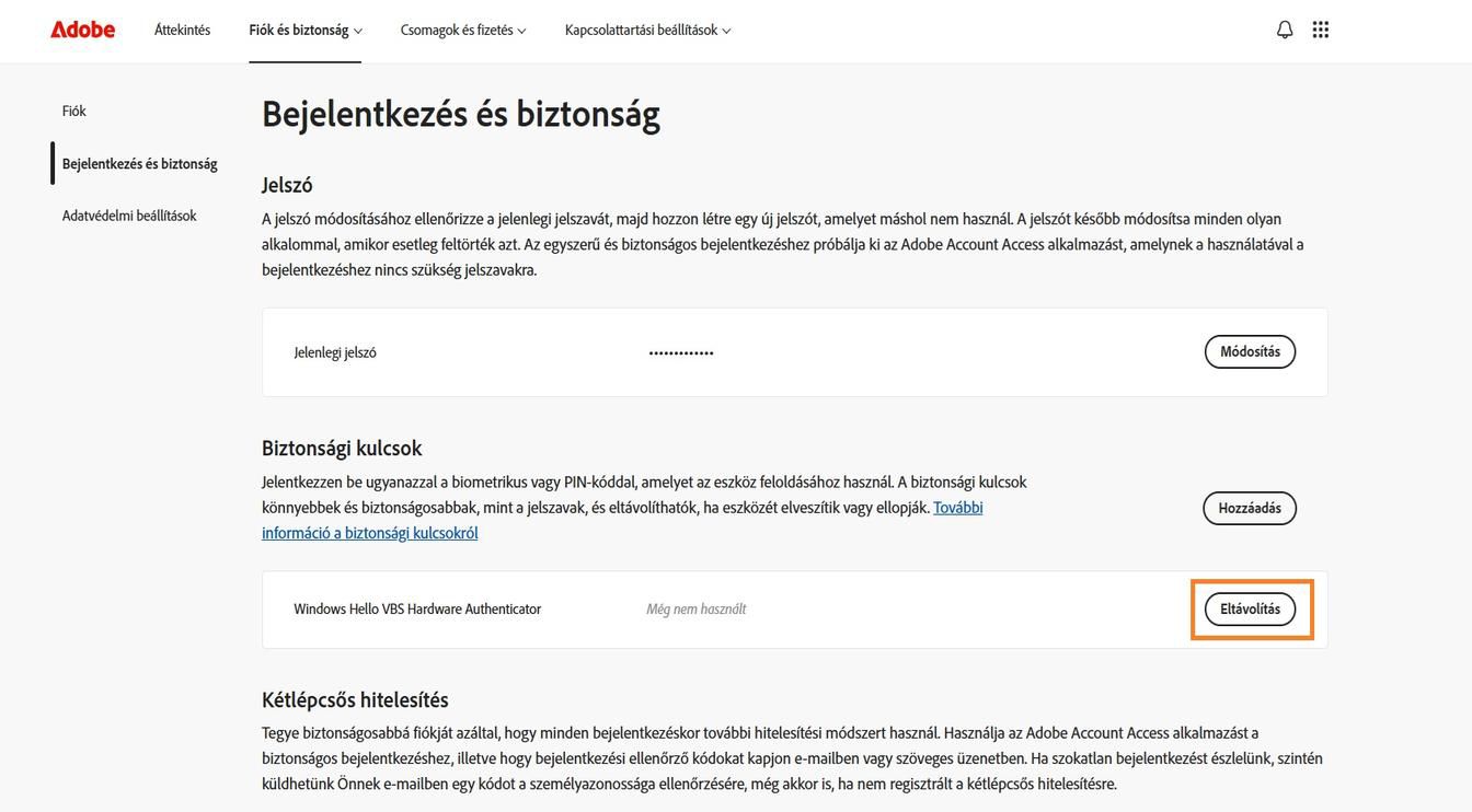 Az Eltávolítás gomb, amely a Jelszókulcsok szakaszban a mentett jelszókulcs adataitól jobbra található, lehetővé teszi a jelszókulcs eltávolítását a fiókjából.