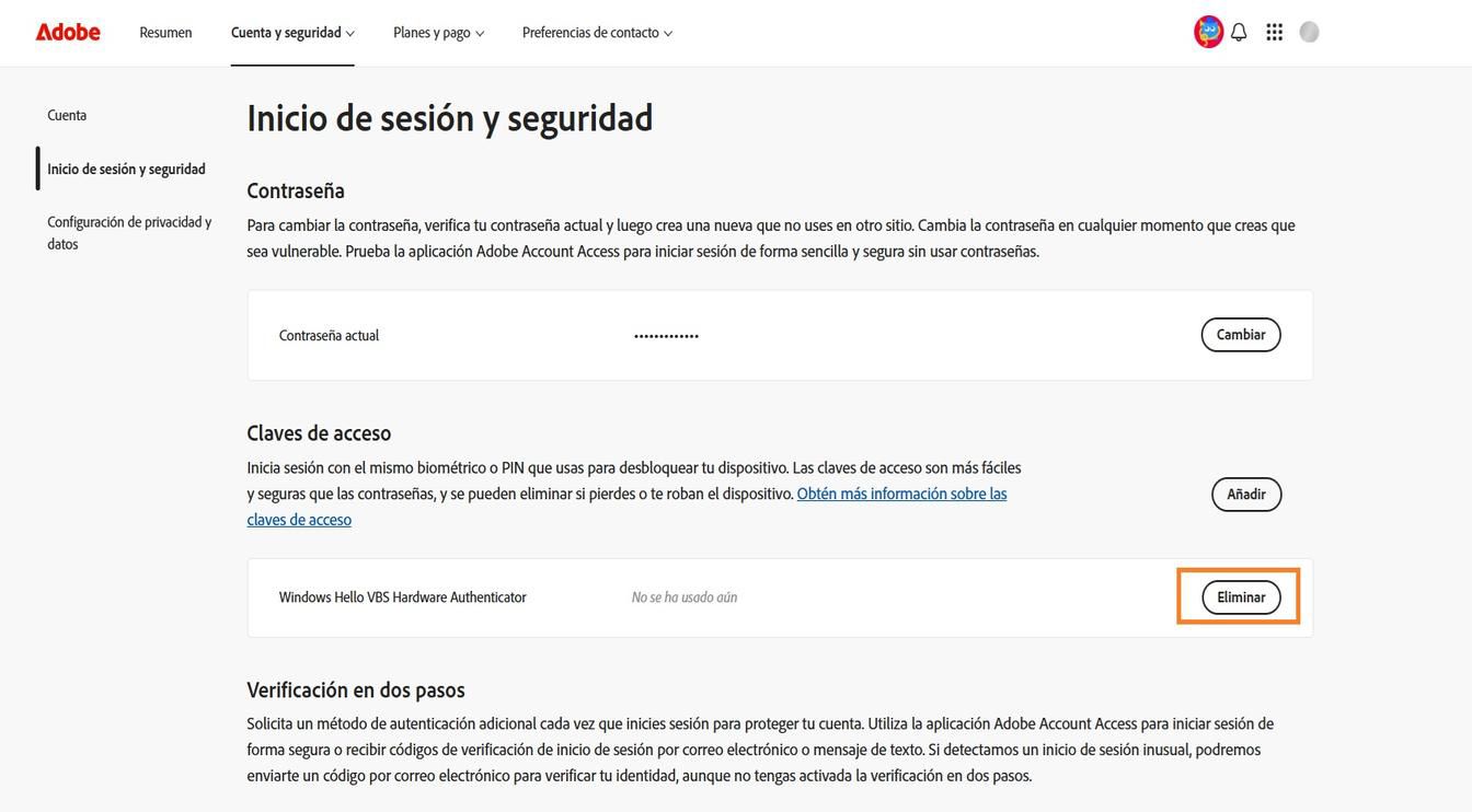 El botón Eliminar, disponible a la derecha de los datos de la clave de acceso guardada de la sección Claves de acceso, permite quitar una clave de acceso guardada de su cuenta.