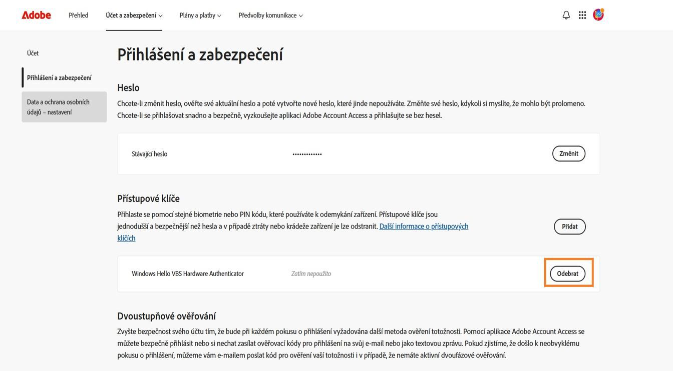 Tlačítko Odebrat, které je k dispozici napravo od podrobností vašeho uloženého přístupového klíče v sekci Přístupové klíče, vám umožňuje odebrat uložený přístupový klíč z vašeho účtu.