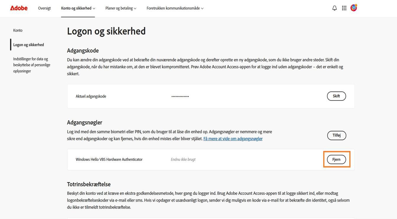 Knappen Fjern, som er tilgængelig til højre for oplysningerne om din gemte adgangsnøgle i afsnittet Adgangsnøgler, giver dig mulighed for at fjerne en gemt adgangsnøgle fra din konto.