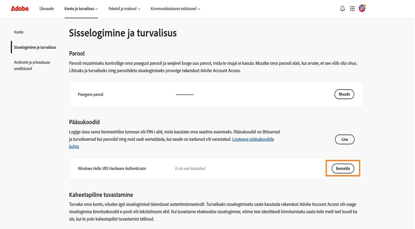 Nupp Eemalda, mis asub jaotises Pääsuvõtmed teie salvestatud pääsuvõtme andmetest paremal pool, võimaldab teil salvestatud pääsuvõtme oma kontolt eemaldada.