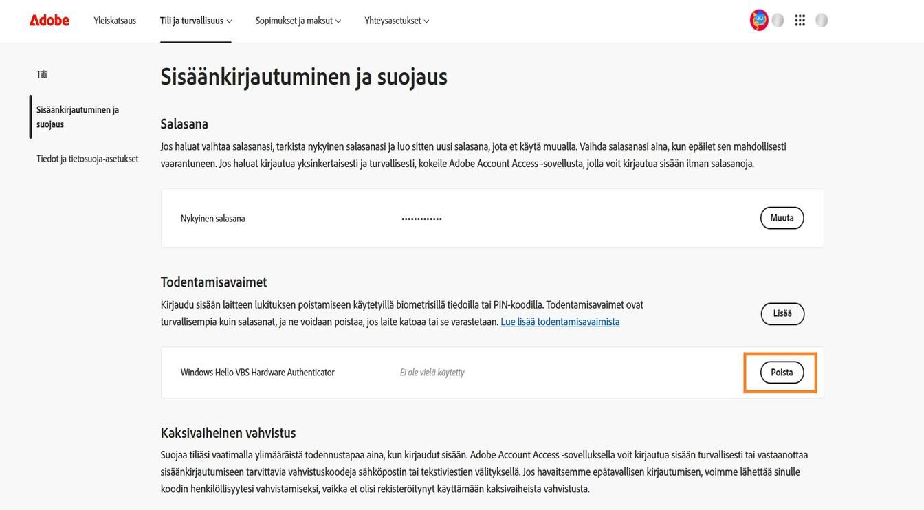 Todentamisavaimet-osion avaimen vieressä näkyvällä Poista-painikkeella voit poistaa tallennetun todentamisavaimen tililtäsi.