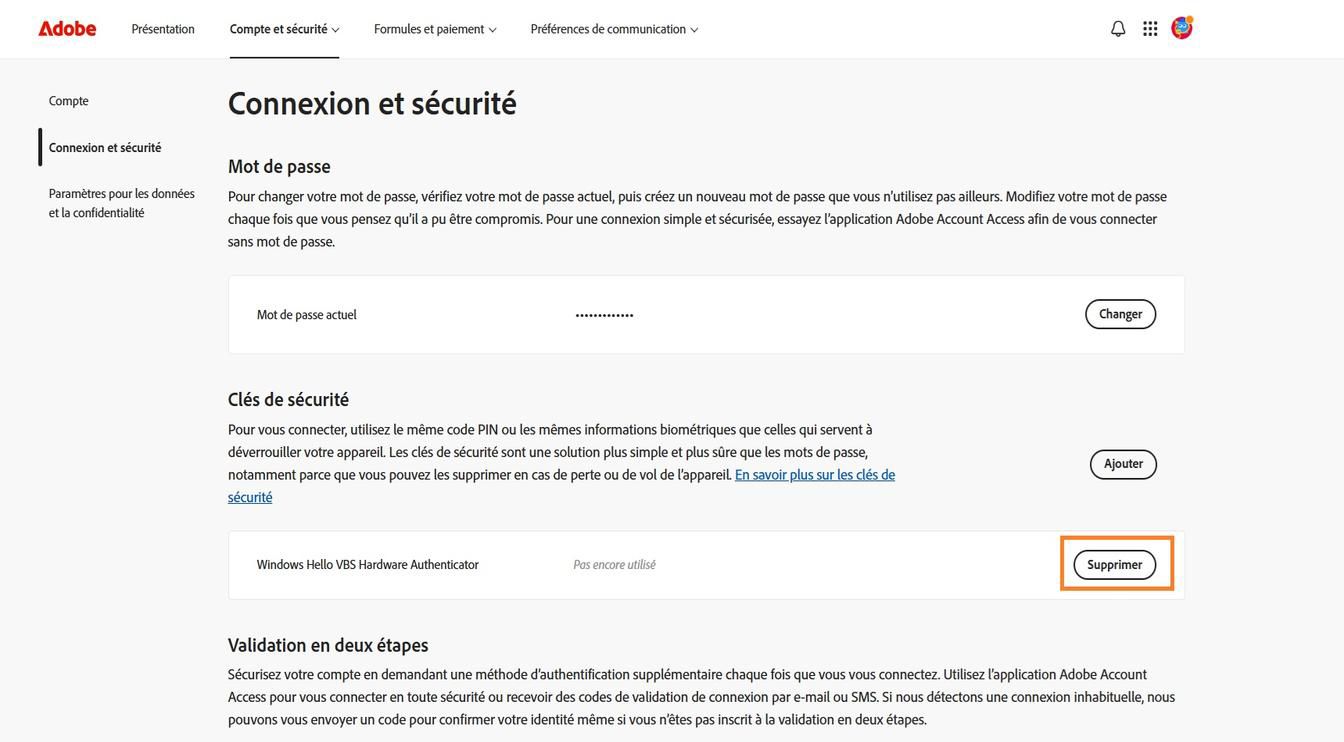Le bouton Supprimer, disponible à droite des détails de votre clé d’accès enregistrée dans la section Clés d’accès, vous permet de supprimer une clé d’accès enregistrée de votre compte.