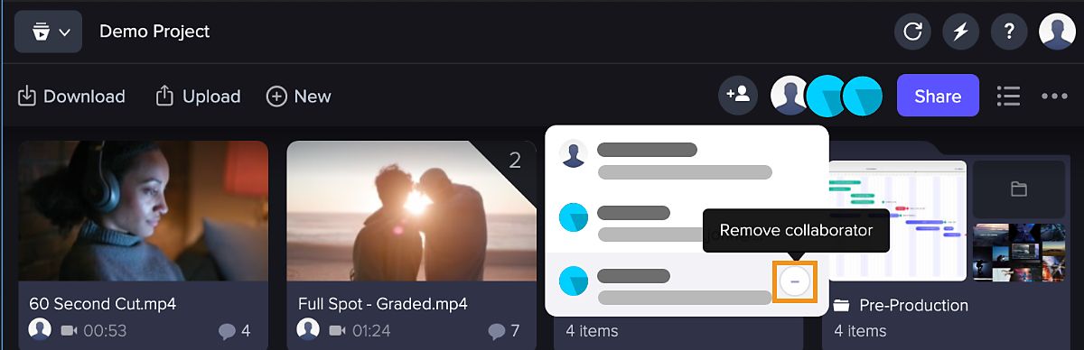 L'opzione Rimuovi collaboratore evidenziata nel pannello Frame.io.