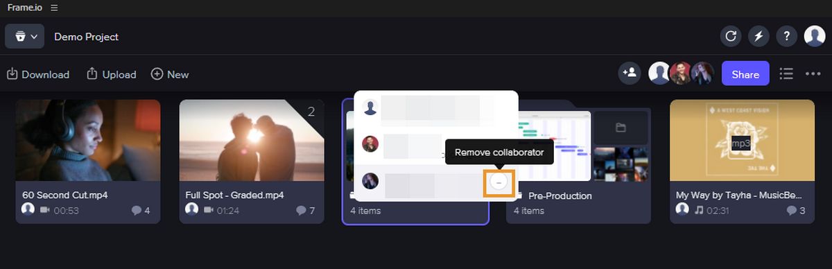 Frame.io パネルでハイライト表示された「共同作業者を削除」オプション。