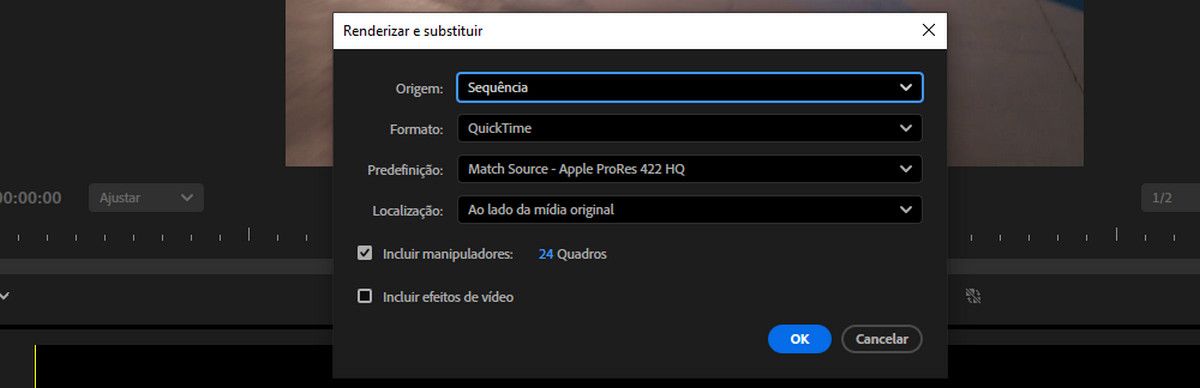 A caixa de diálogo Renderizar e Substituir exibe configurações como Origem, Formato, Predefinição, Local e várias outras que você pode ajustar.