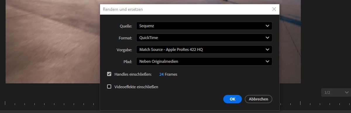 Das Dialogfeld „Rendern und Ersetzen“ zeigt anzupassende Einstellungen wie „Quelle“, „Format“, „Vorgabe“, „Speicherort“ und weitere an.