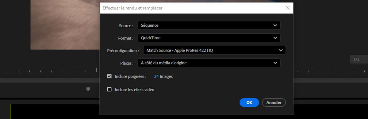La boîte de dialogue Rendu et remplacement affiche des paramètres tels que Source, Format, Préréglage, Emplacement et plusieurs autres que vous pouvez ajuster.