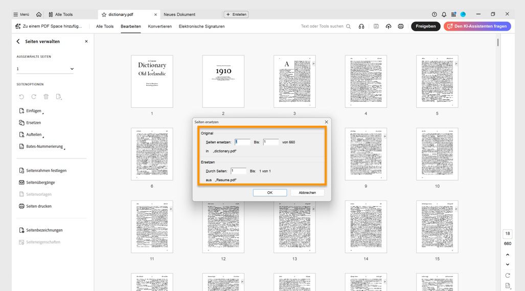 Das Dialogfeld „Seiten ersetzen“ zeigt Optionen für Original und Ersatz an, um den Seitenbereich für das Ersetzen von Seiten festzulegen.