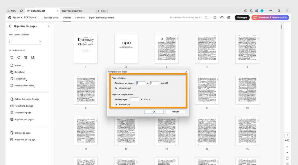 La boîte de dialogue Remplacer des pages affiche les options Original et Remplacement pour spécifier la plage de pages à remplacer.