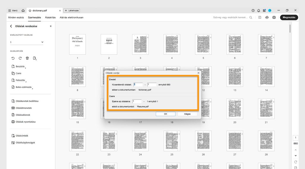 Az Oldalak cseréje párbeszédpanel megjeleníti az Eredeti és Csere opciókat az oldalak cseréjéhez szükséges oldaltartomány megadásához.