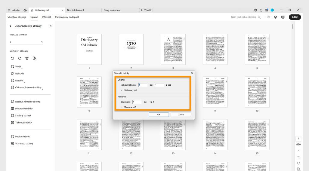 Dialogové okno Nahradit stránky zobrazuje možnosti Původní a Náhrada pro určení rozsahu stránek pro nahrazení stránek.