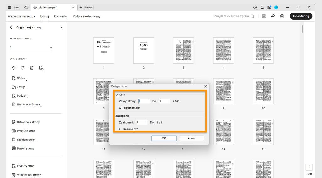 Okno dialogowe Zastąp strony wyświetla opcje Oryginał i Zastąpienie do określenia zakresu stron do zastąpienia.