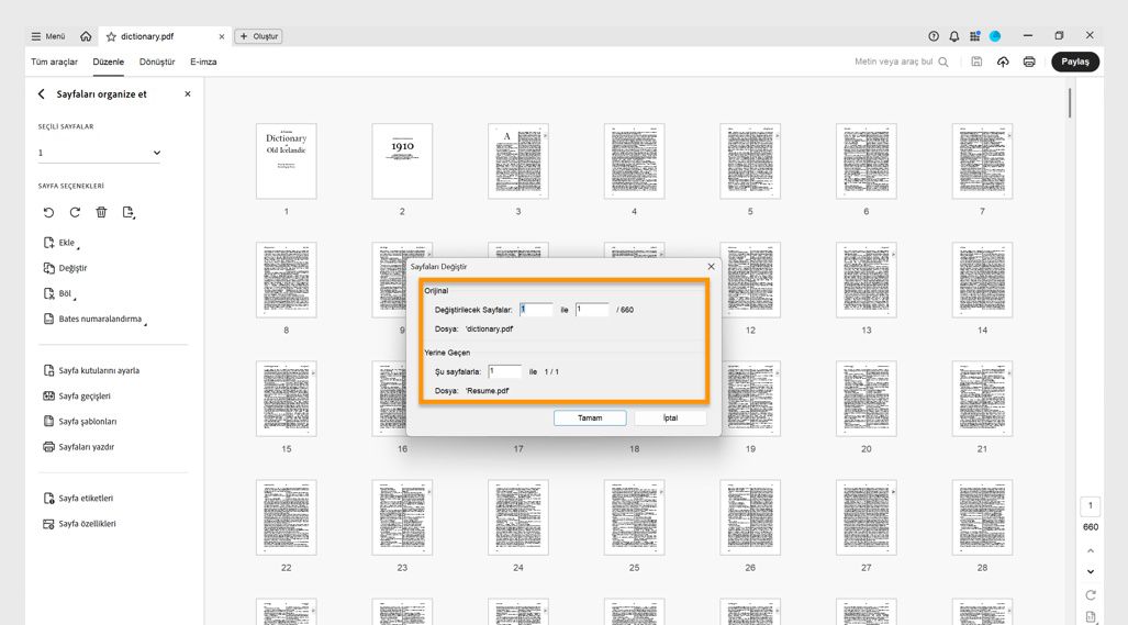 Sayfaları Değiştir iletişim kutusunda, sayfa değiştirme için sayfa aralığını belirtmek üzere Orijinal ve Değiştirme seçenekleri görüntülenir.