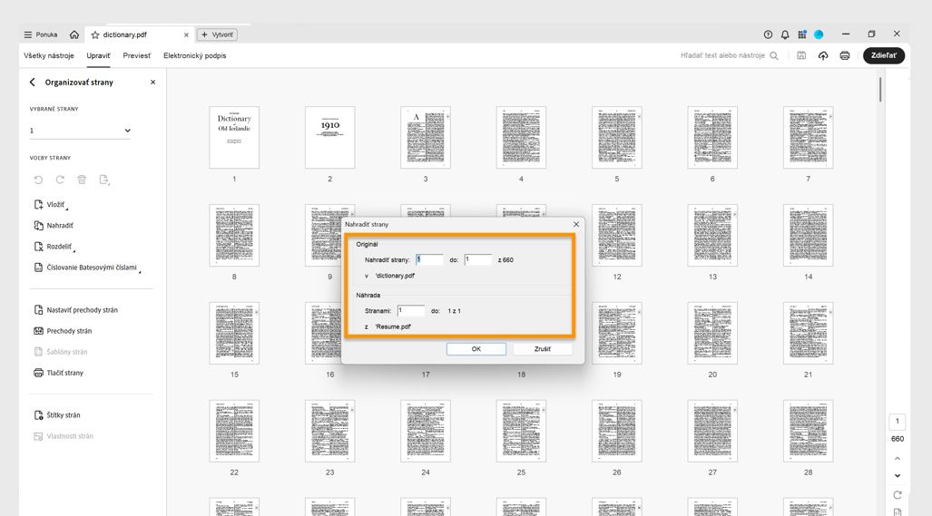 Dialógové okno Nahradiť strany zobrazuje možnosti Pôvodné a Náhrada na určenie rozsahu strán na nahradenie strán.