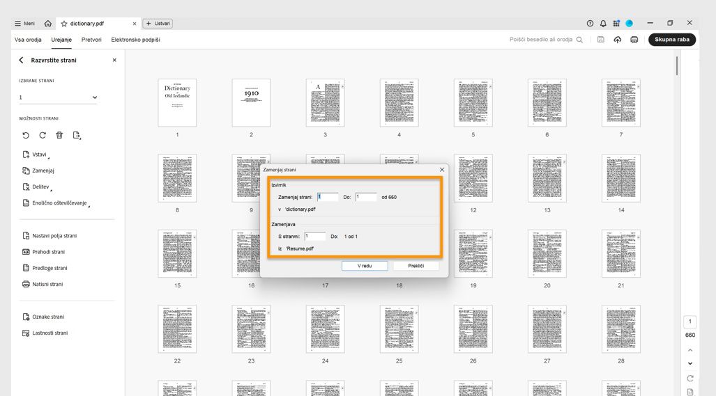 Pogovorno okno Zamenjaj strani prikazuje možnosti Izvirnik in Zamenjava za določitev obsega strani za zamenjavo strani.