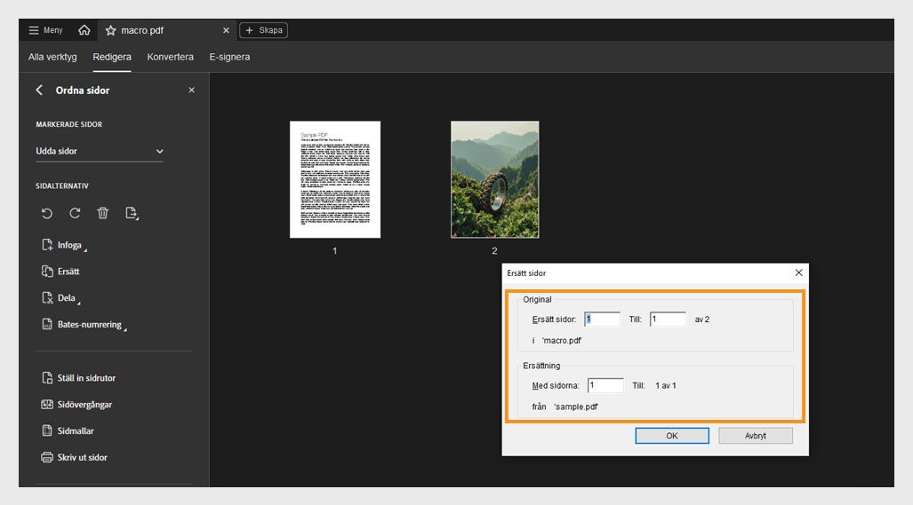 Dialogrutan Ersätt sidor visar alternativ för Original och Ersättning för att ange sidintervallet för att ersätta sidor.