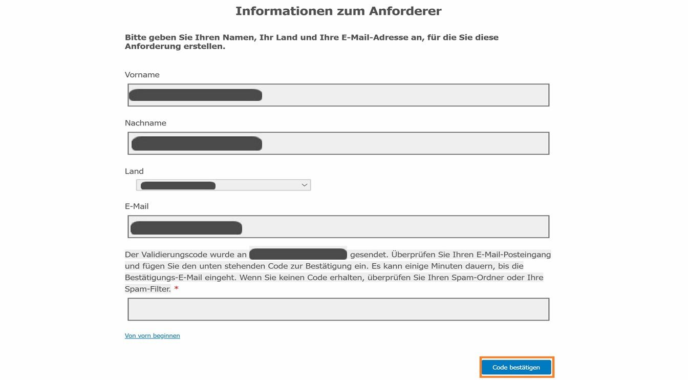 Das Formular für Antragstellerinformationen zeigt Felder an, in denen Antragsteller ihre Kontaktinformationen eingeben und ihre E-Mail-Adresse bestätigen können.