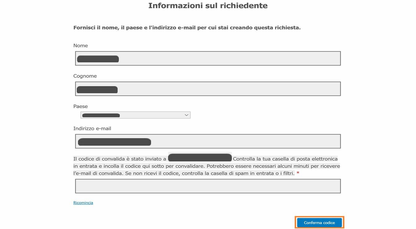 Il modulo Informazioni sul richiedente mostra i campi in cui i richiedenti possono inserire le proprie informazioni di contatto e convalidare la propria e-mail.