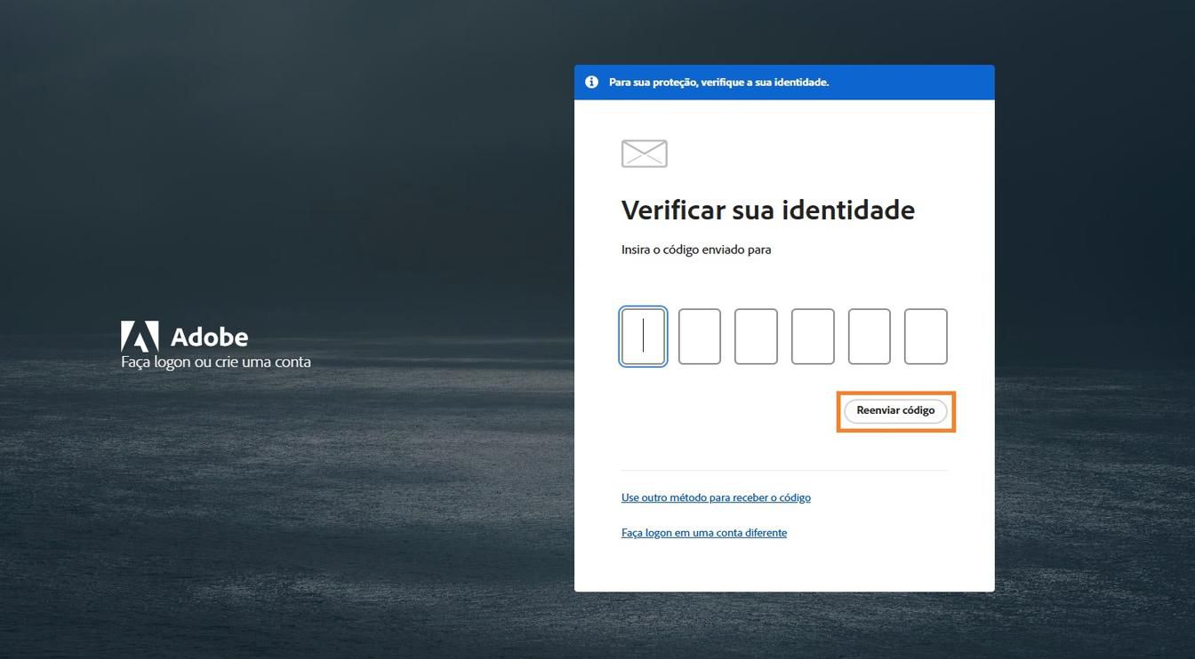 O botão Reenviar código na janela Verificar sua identidade permite solicitar um novo código de verificação.