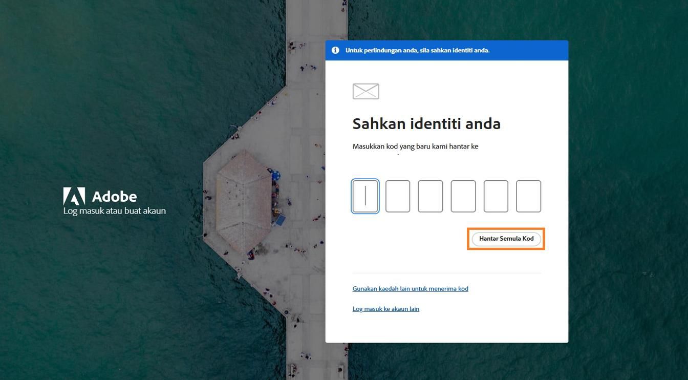 Butang Hantar Semula Kod dalam tetingkap Sahkan identiti anda membolehkan anda meminta kod pengesahan baru.