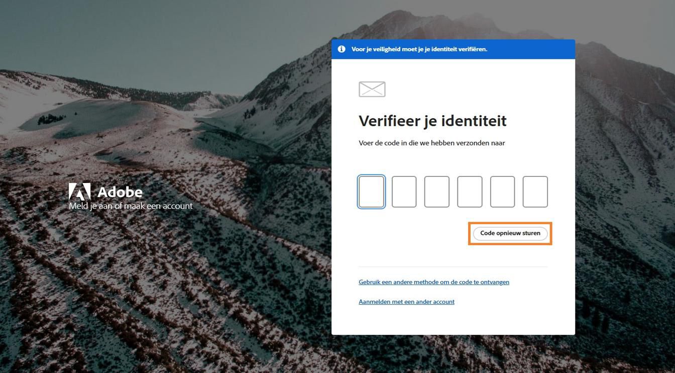 Met de knop Code opnieuw verzenden in het venster Verifieer je identiteit kun je een nieuwe verificatiecode aanvragen.