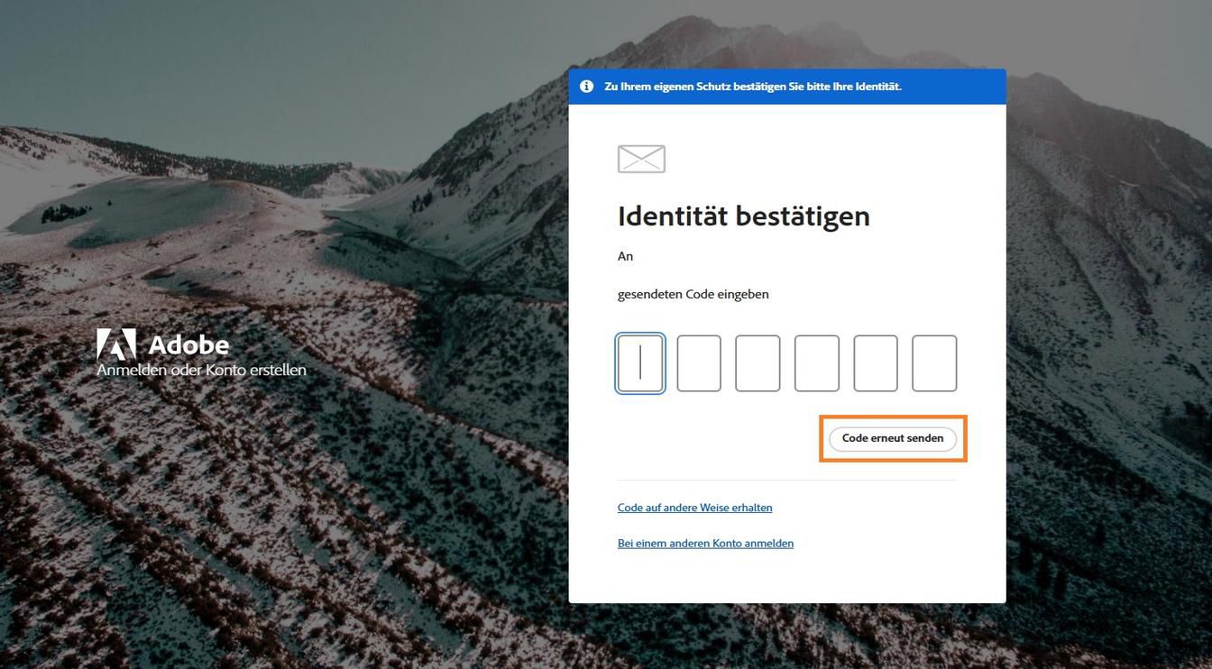 Mit der Schaltfläche „Code erneut senden“ im Fenster „Identität bestätigen“ kannst du einen neuen Bestätigungscode anfordern.