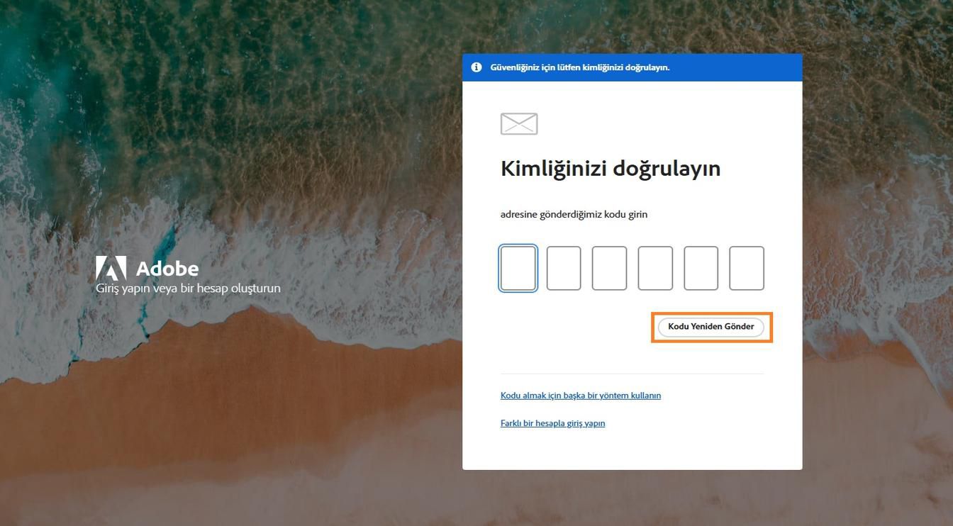 Kimliğinizi doğrulayın penceresindeki Kodu Yeniden Gönder düğmesi yeni bir doğrulama kodu istemenizi sağlar.