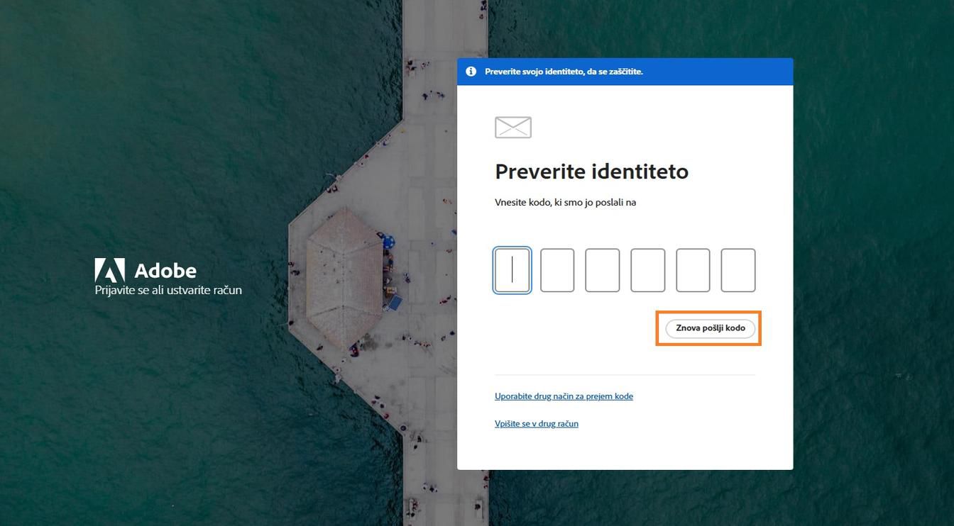 Gumb Znova pošlji kodo v oknu Preverite svojo identiteto vam omogoča, da zahtevate novo kodo za preverjanje.