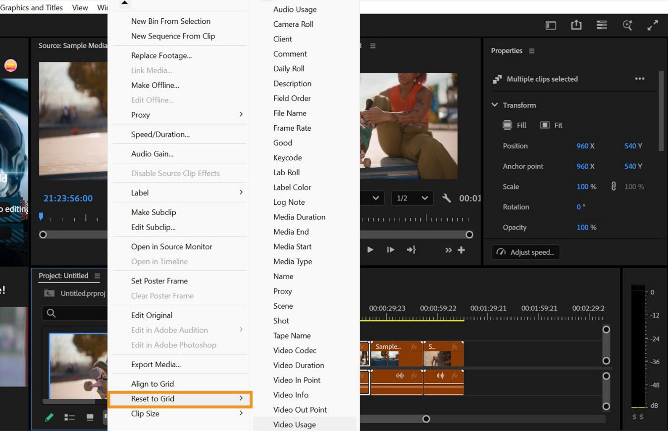 L'opzione Reimposta sulla griglia è espansa con vari criteri di ordinamento come Nota di registro, Informazioni Video e molto altro.