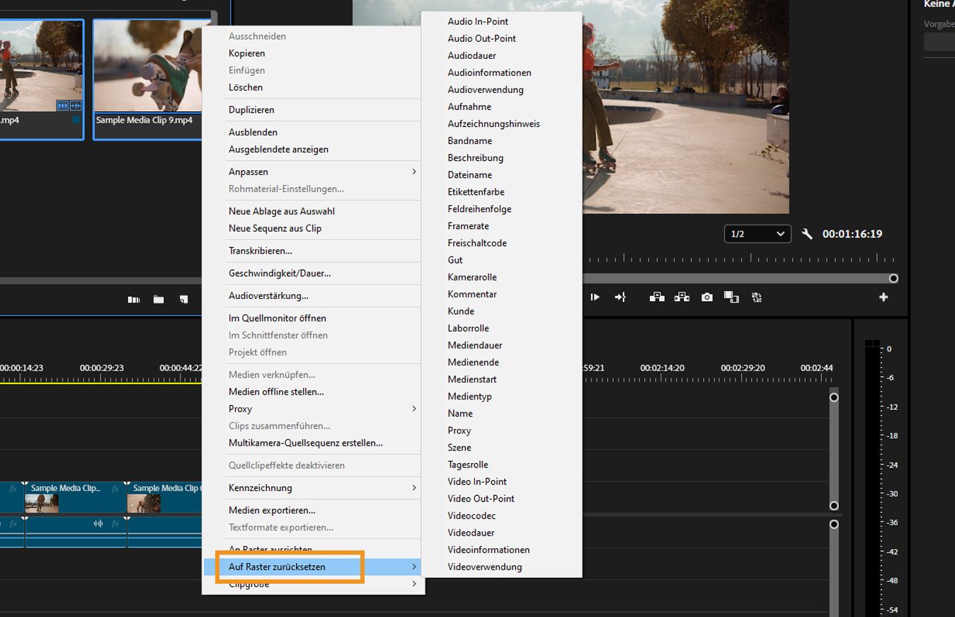 Die Option „Am Raster zurücksetzen“ ist mit verschiedenen Sortierkriterien wie Aufzeichnungshinweis, Videoinformationen und vielen mehr erweitert.