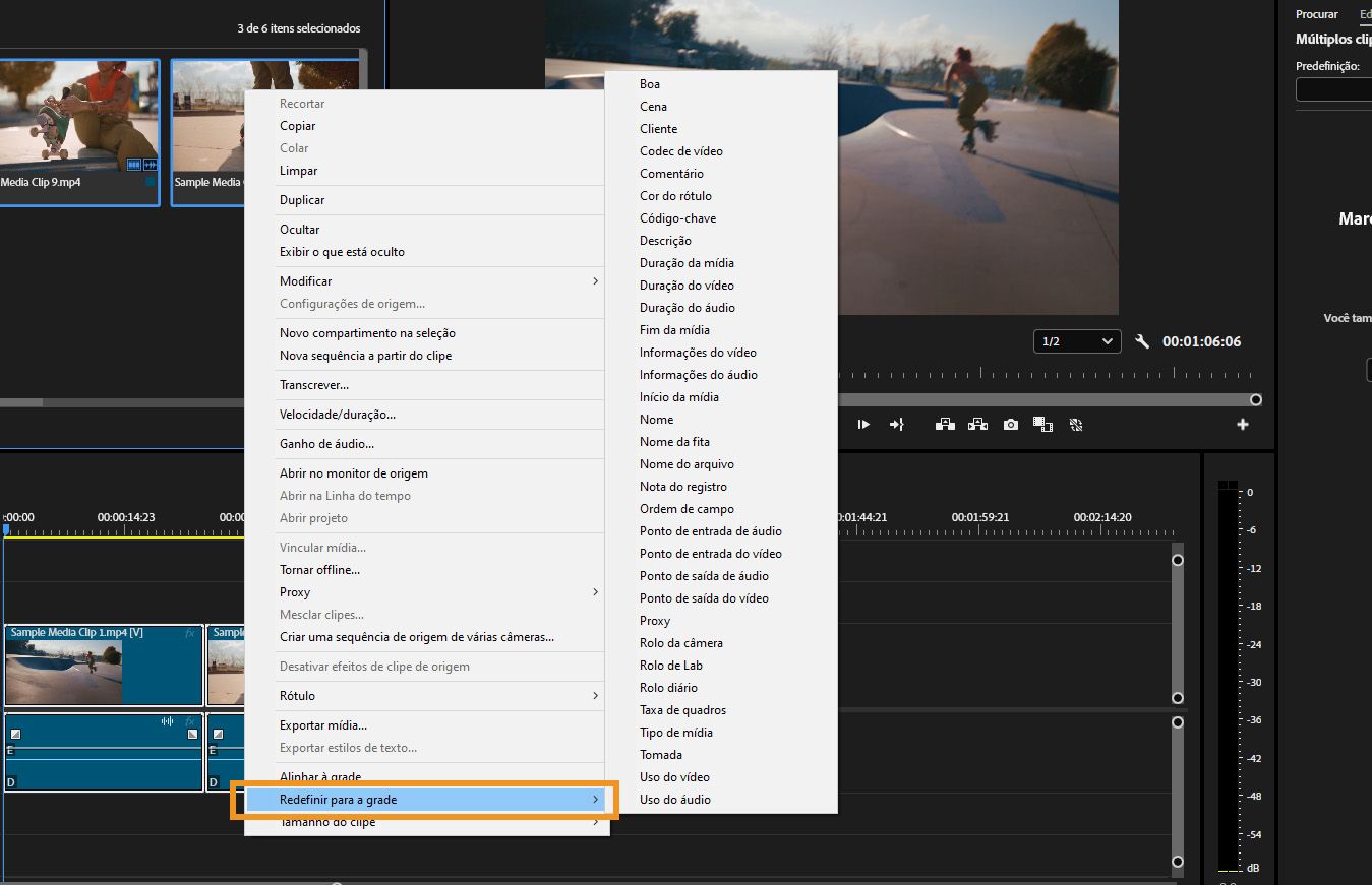 A opção “Redefinir na grade” está expandida, com vários critérios de classificação, como nota de registro, informações do vídeo e muito mais. 