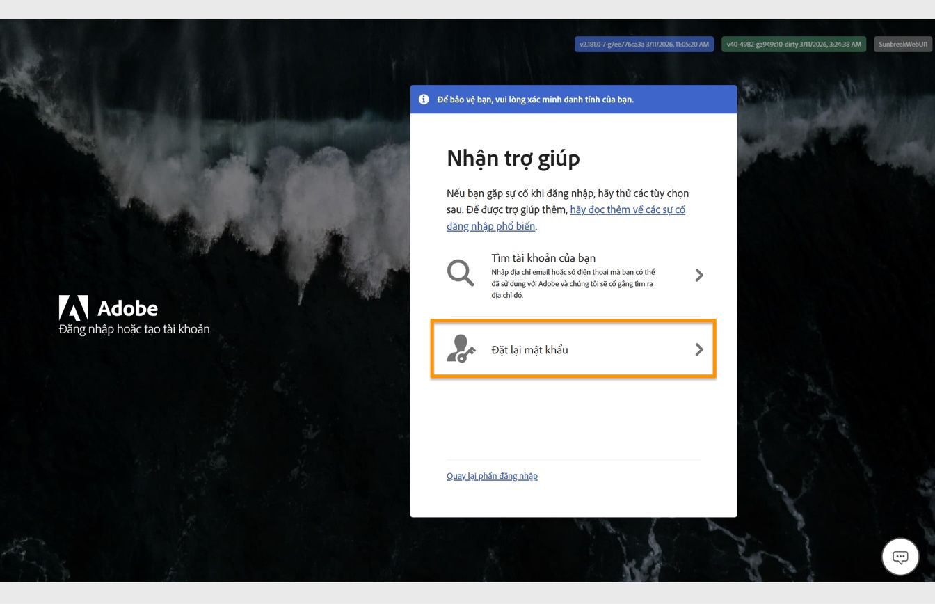 Nút Đặt lại mật khẩu, nằm ở phía bên phải màn hình trong cửa sổ Nhận trợ giúp, cung cấp tùy chọn đặt lại mật khẩu tài khoản của bạn.
