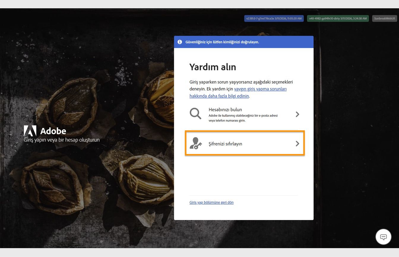 Yardım Al penceresinde ekranın sağ tarafında bulunan Parolanızı sıfırlayın düğmesi, hesap parolanızı sıfırlama seçeneği sunar.