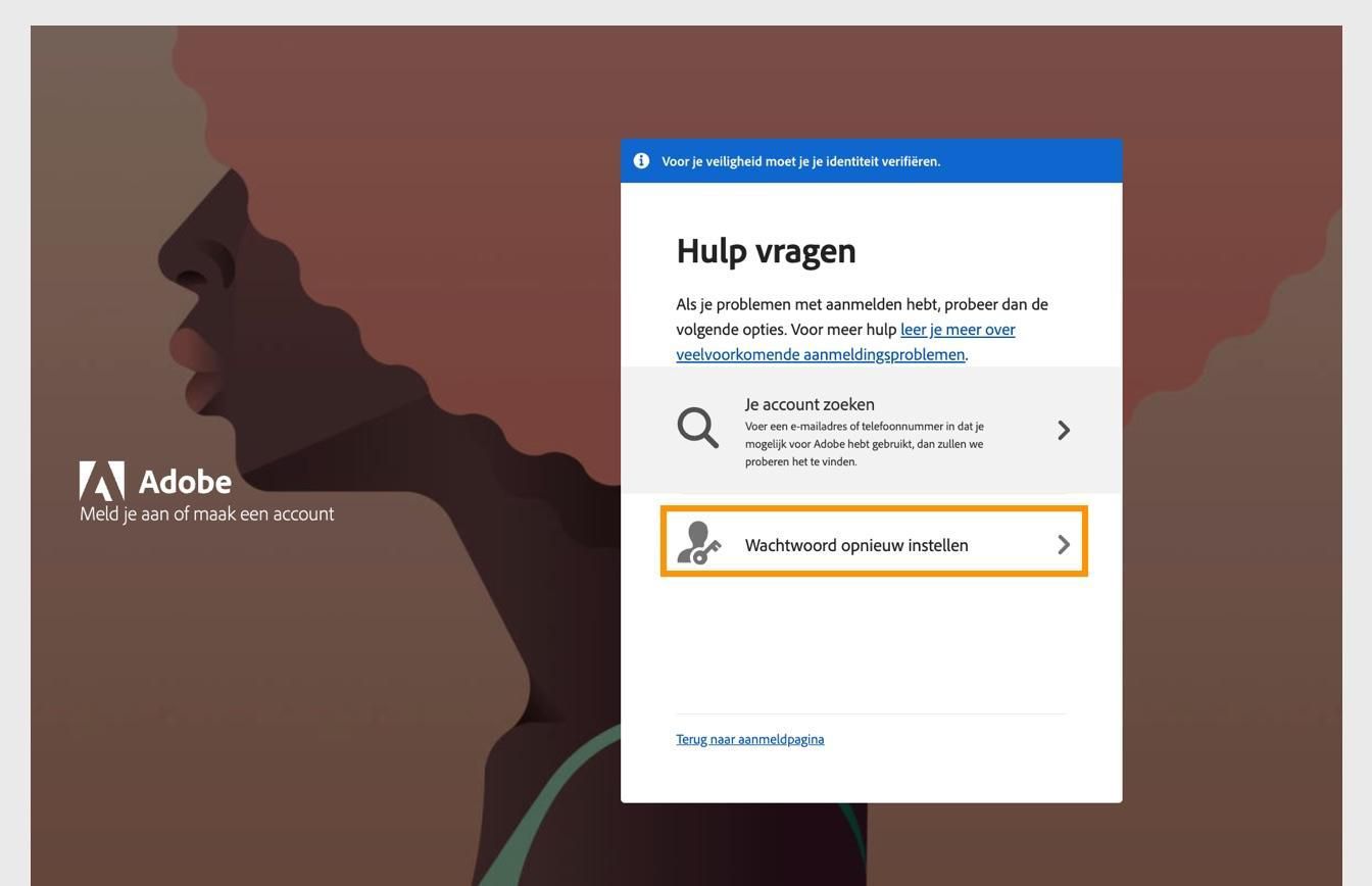 De knop Je wachtwoord opnieuw instellen, aan de rechterkant van het scherm in het venster Hulp, biedt de optie om je accountwachtwoord opnieuw in te stellen.
