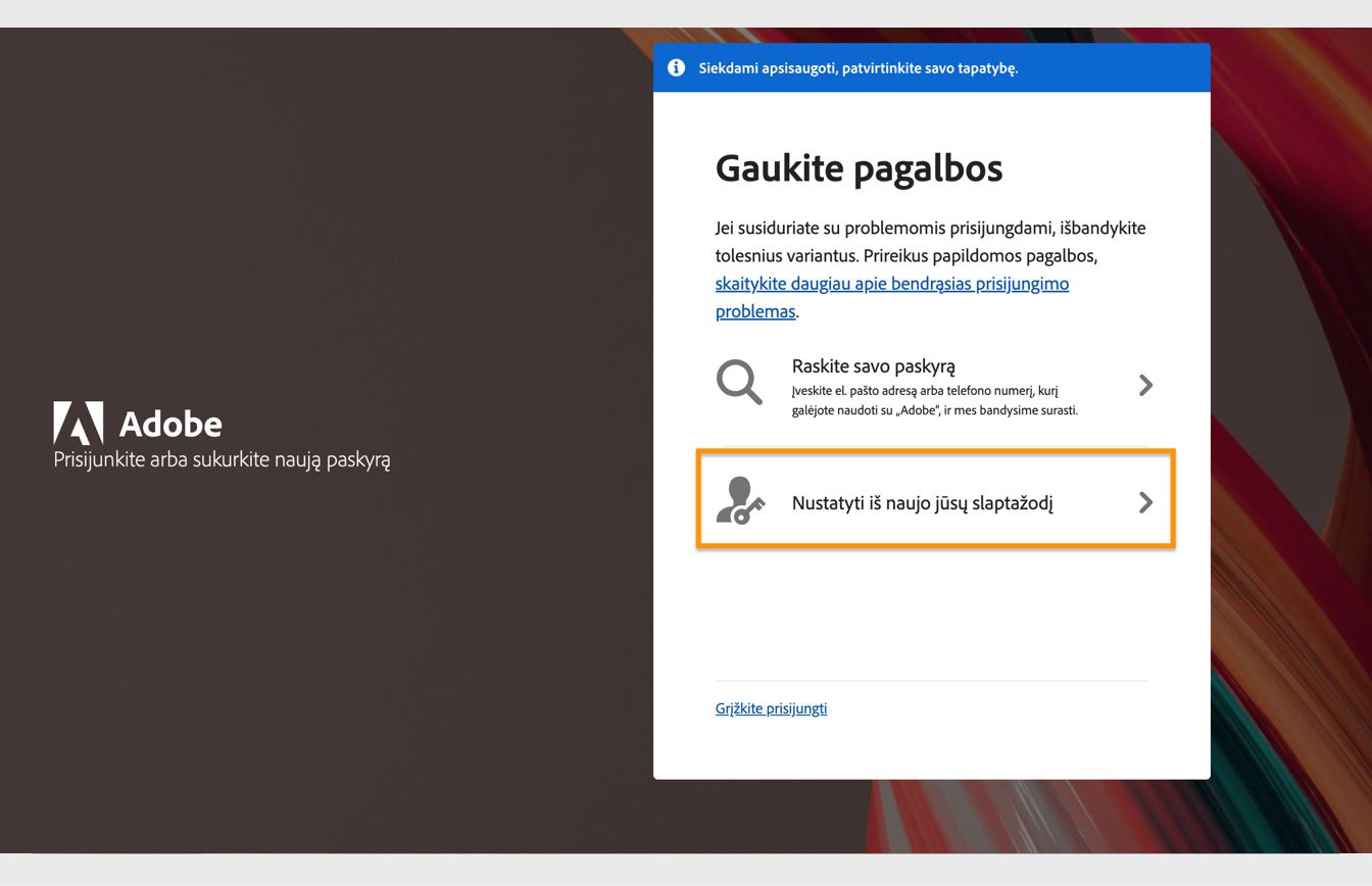 Mygtukas „Iš naujo nustatyti slaptažodį“, esantis dešinėje ekrano pusėje „Gauti pagalbos“ lange, suteikia galimybę iš naujo nustatyti paskyros slaptažodį.