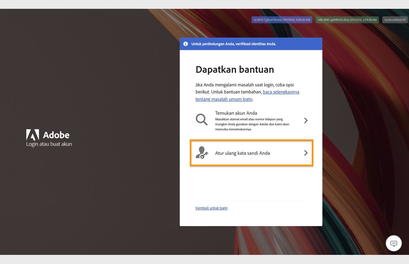 Tombol Reset kata sandi, terletak di sisi kanan layar di jendela Dapatkan Bantuan, menyediakan opsi untuk mereset kata sandi akun Anda.