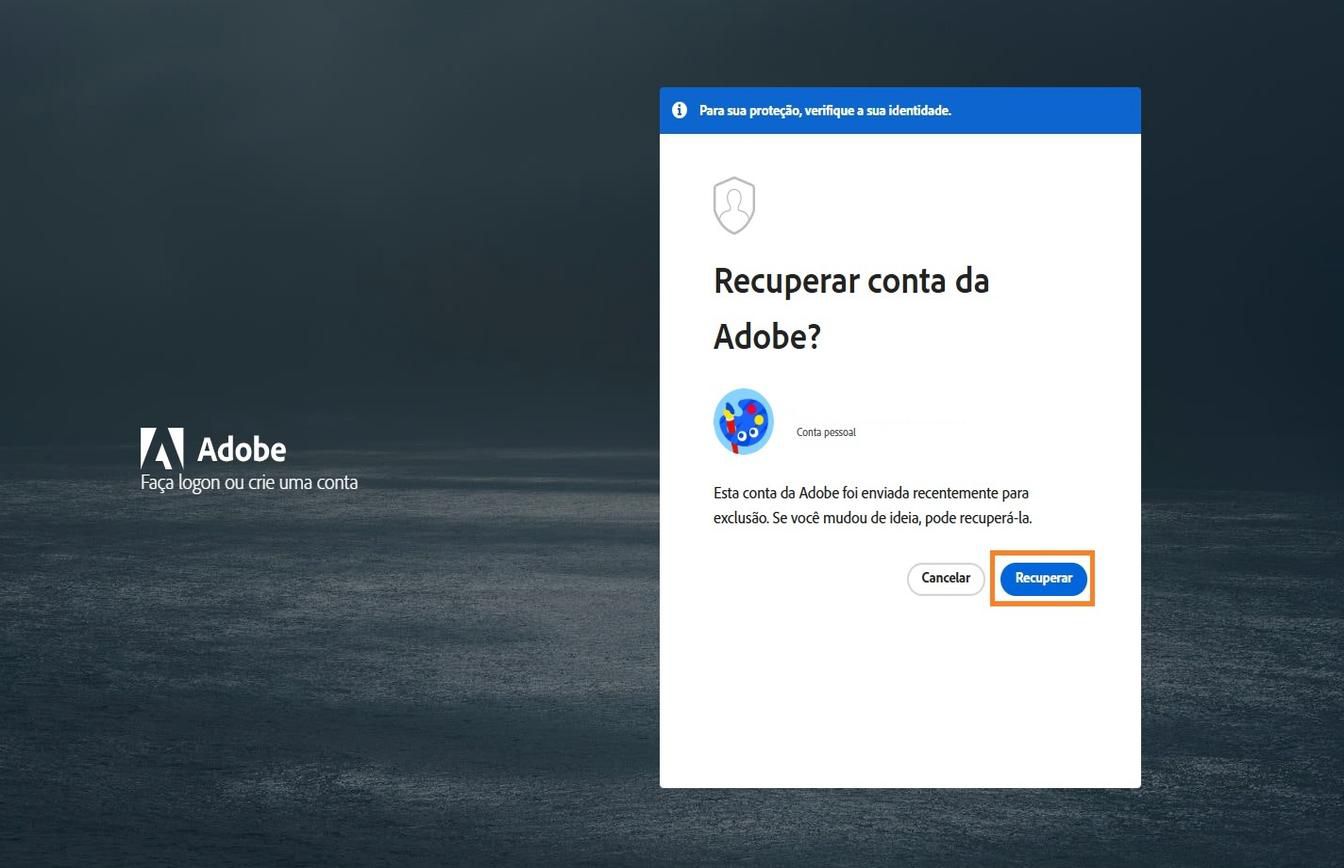 O botão Recuperar, disponível na janela Recuperar conta Adobe na página de logon, permite reativar sua conta excluída recentemente.