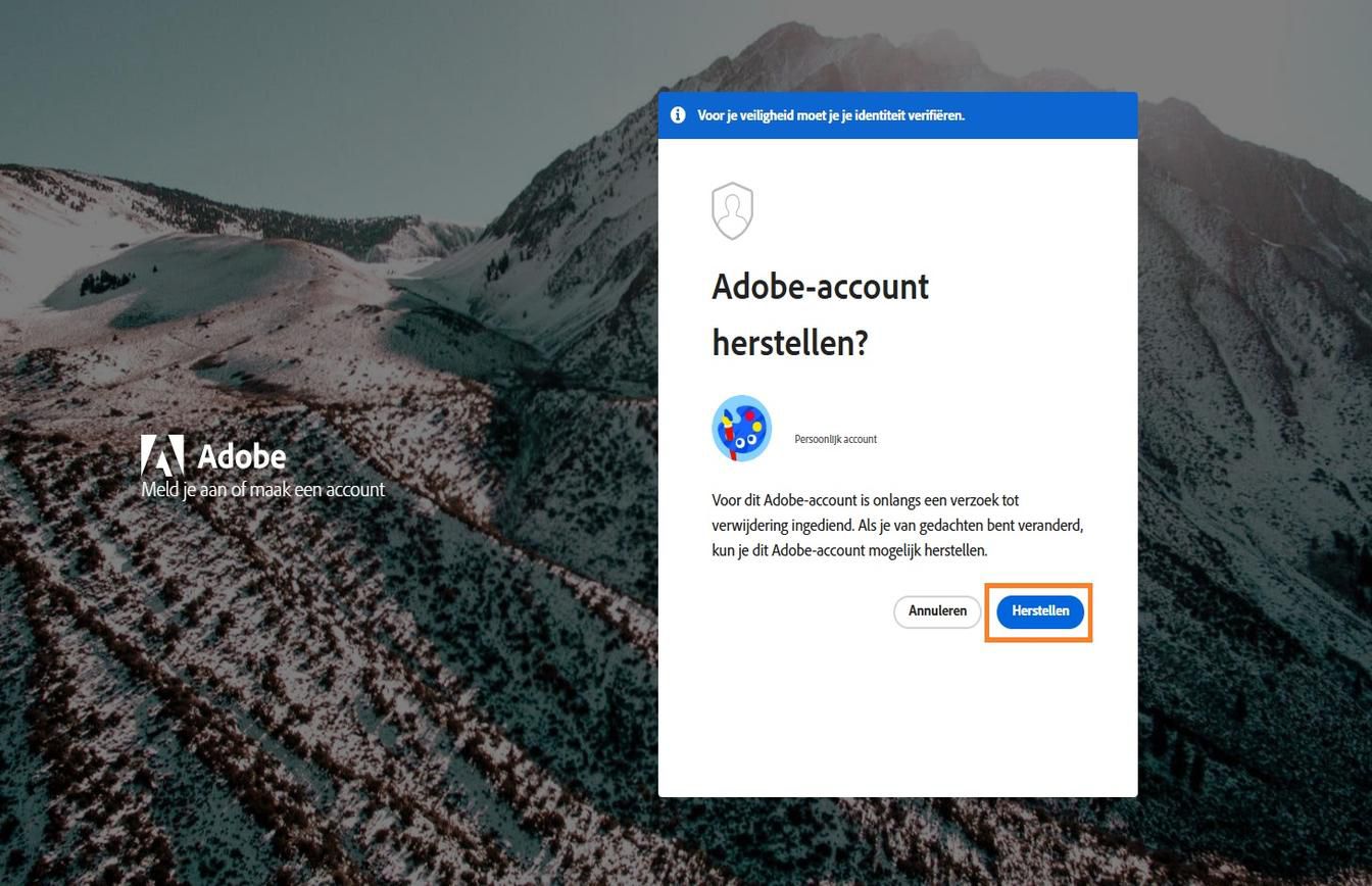De knop Ophalen, beschikbaar in het venster Adobe-account ophalen op de aanmeldpagina, stelt je in staat om je recent verwijderde account opnieuw te activeren.