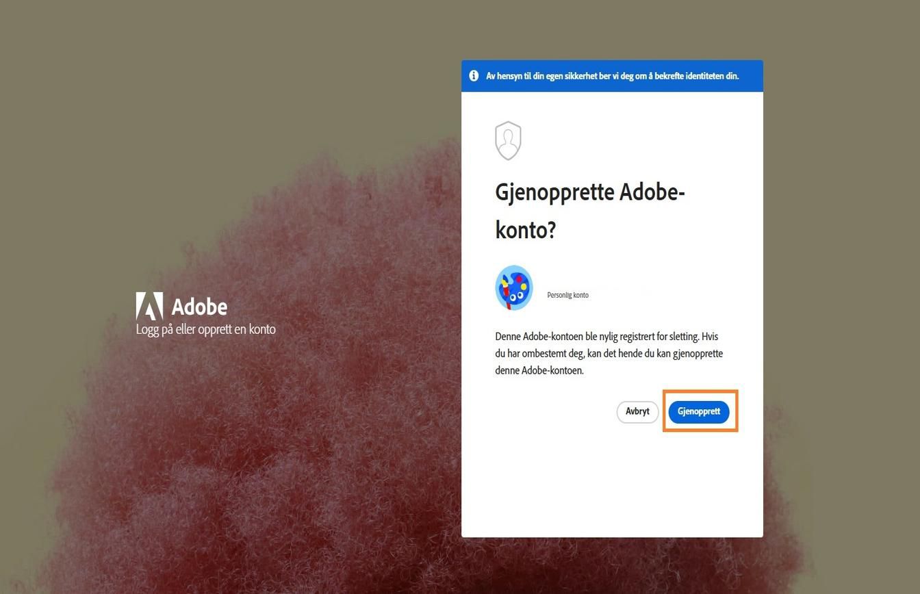 Gjenopprett-knappen, som er tilgjengelig i vinduet Gjenopprett Adobe-konto på påloggingssiden, lar deg reaktivere den nylig slettede kontoen din.