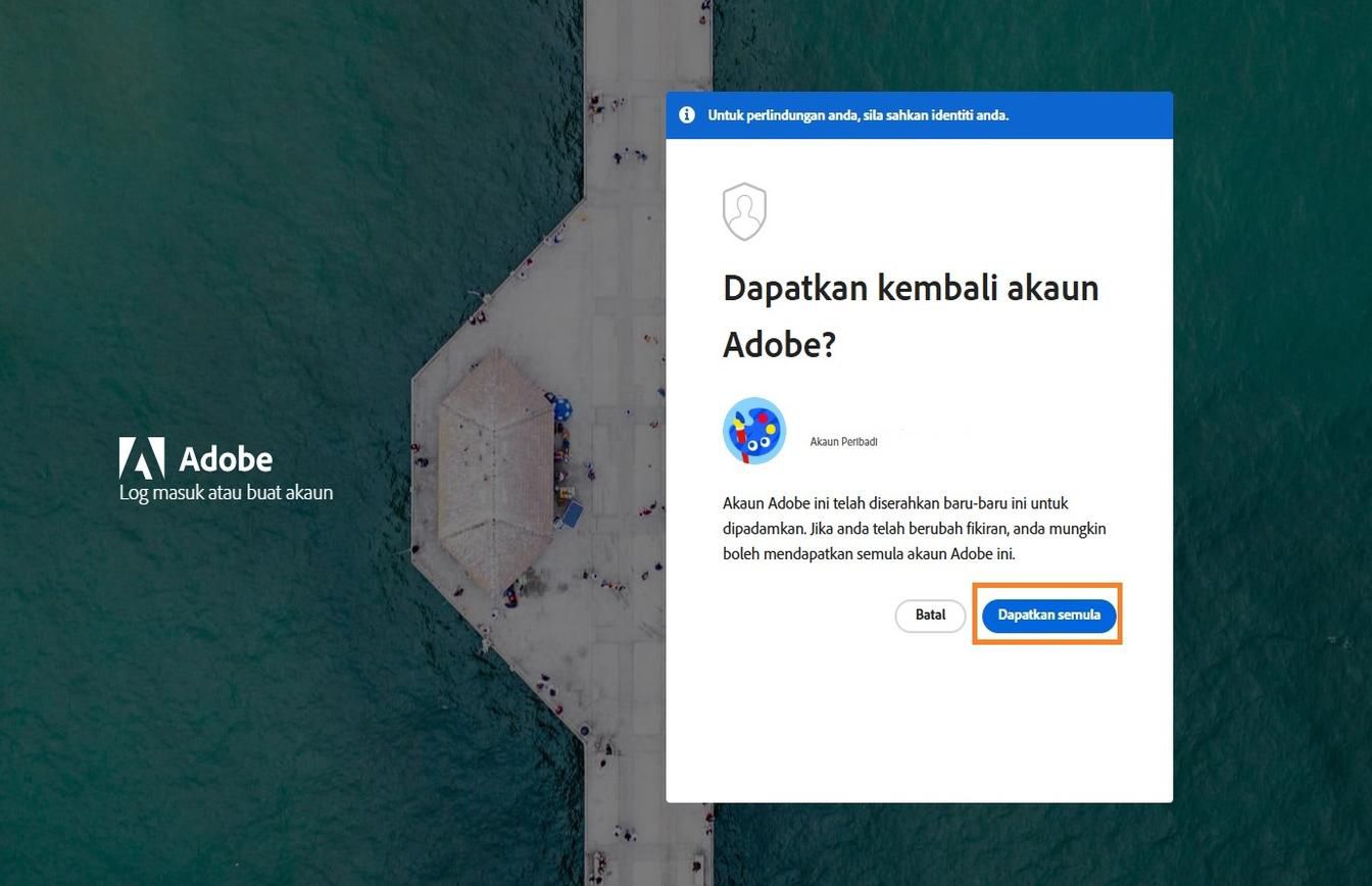 Butang Dapatkan Semula, tersedia dalam tetingkap Dapatkan Semula akaun Adobe pada halaman log masuk, membolehkan anda mengaktifkan semula akaun yang baru dipadamkan.