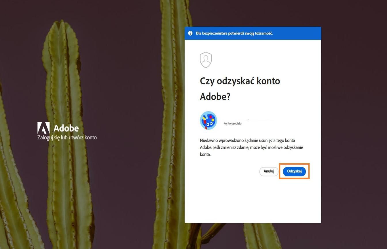 Przycisk Przywróć, dostępny w oknie Przywróć konto Adobe na stronie logowania, umożliwia ponowną aktywację niedawno usuniętego konta.