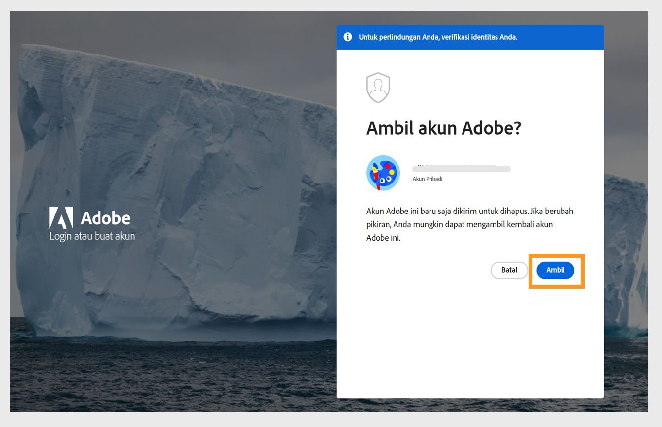 Tombol Ambil, yang tersedia di jendela Ambil akun Adobe pada halaman login, memungkinkan Anda mengaktifkan kembali akun yang baru saja dihapus.