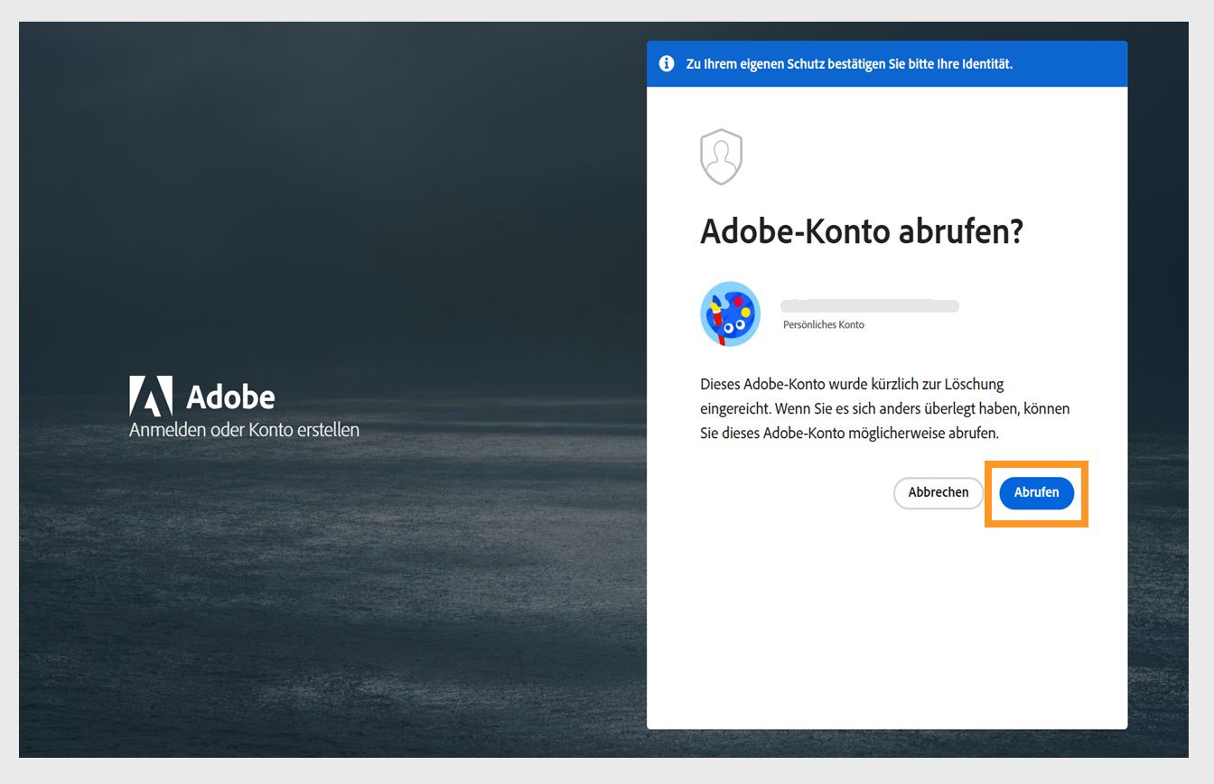 Die Schaltfläche „Wiederherstellen“, der im Fenster „Adobe-Konto wiederherstellen“ auf der Anmelden-Seite verfügbar ist, ermöglicht es dir, dein kürzlich gelöschtes Konto zu reaktivieren.