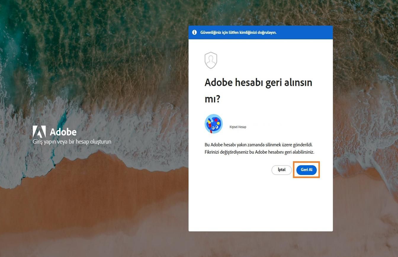 Giriş sayfasındaki Adobe hesabını geri alma penceresinde bulunan Geri Al düğmesi, yakın zamanda silinen hesabınızı yeniden etkinleştirmenizi sağlar.