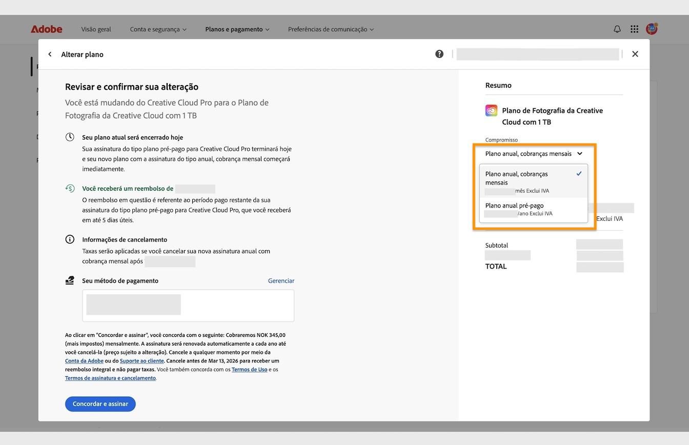 A janela Revisar e confirmar sua alteração, exibindo o menu suspenso Compromisso destacado, localizado em Resumo.