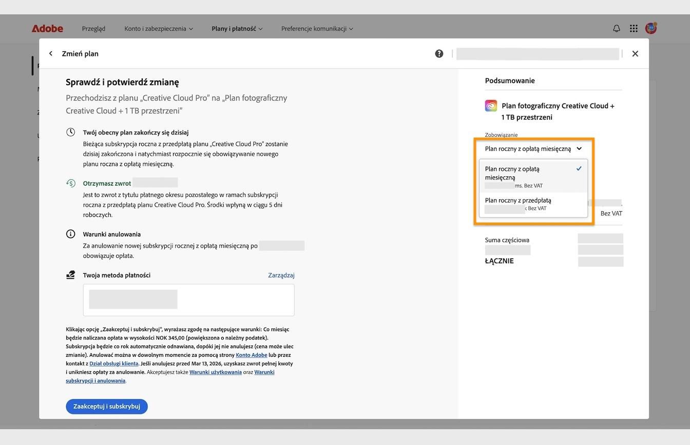 Okno Przejrzyj i potwierdź zmianę z wyróżnionym menu rozwijanym Zobowiązanie w sekcji Podsumowanie.