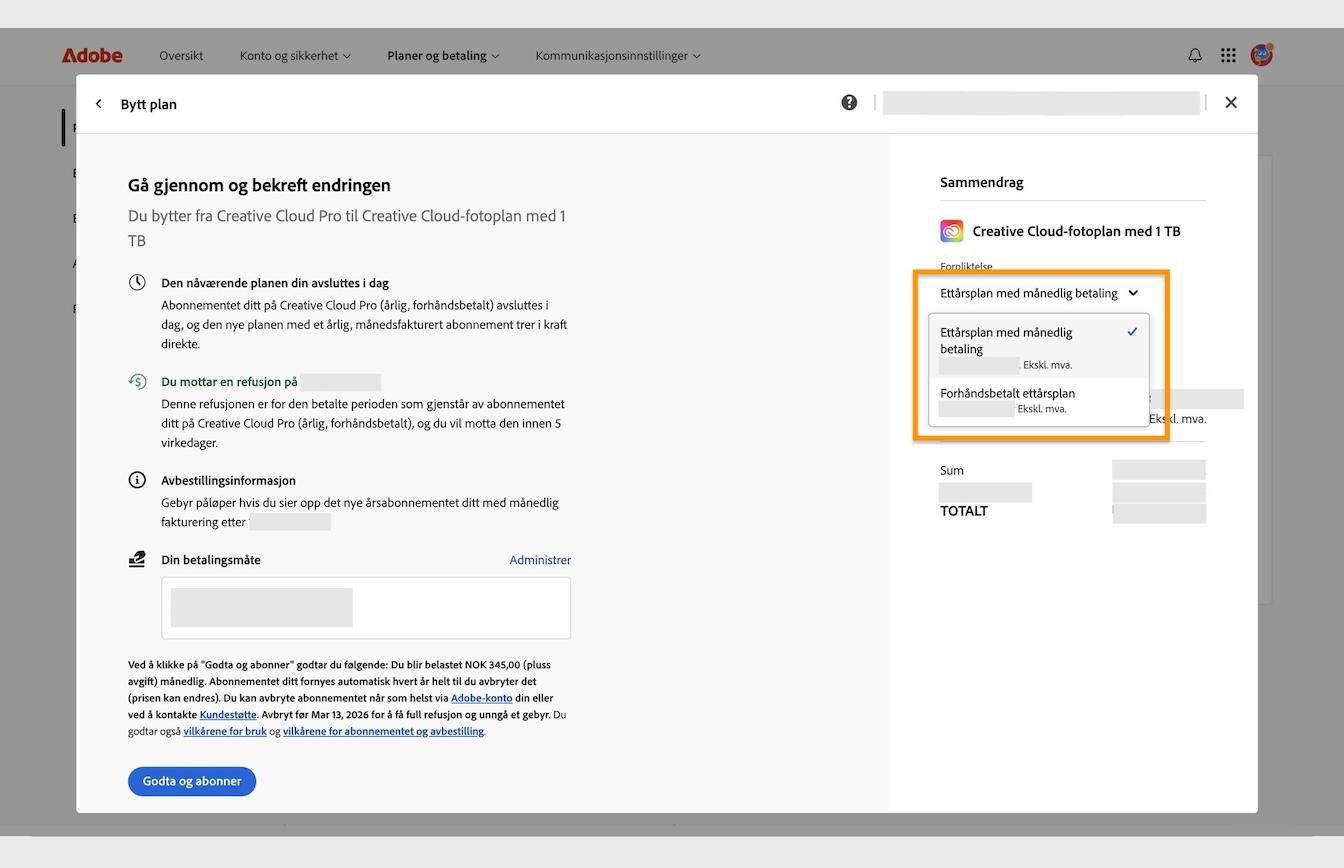 Vinduet Se gjennom og bekreft endringen din, som viser den uthevede rullegardinmenyen Forpliktelse, er å finne under Sammendrag.