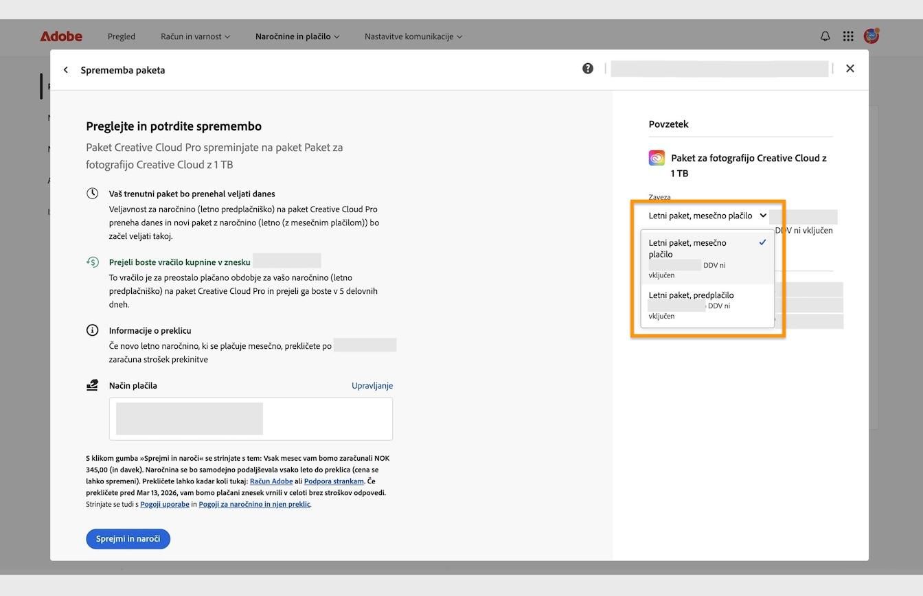 Okno za pregled in potrditev spremembe prikazuje označeni spustni meni Zaveza, ki se nahaja pod razdelkom Povzetek.