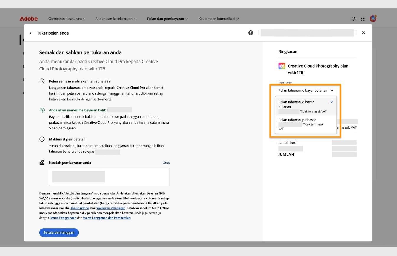 Tetingkap Semak dan sahkan perubahan anda, memaparkan menu lungsur Komitmen yang diserlahkan, terletak di bawah Ringkasan.